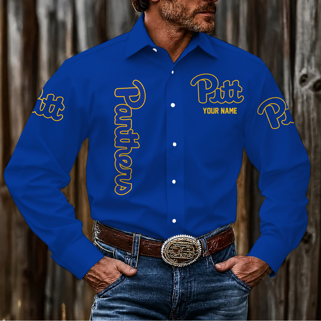 ELITE EDITION - NEW CUSTOMIZED NCAA FBS02 PIP PITTSBURGH PANTHERS MEN'S LONG SLEEVE BUTTON-UP SHIRT