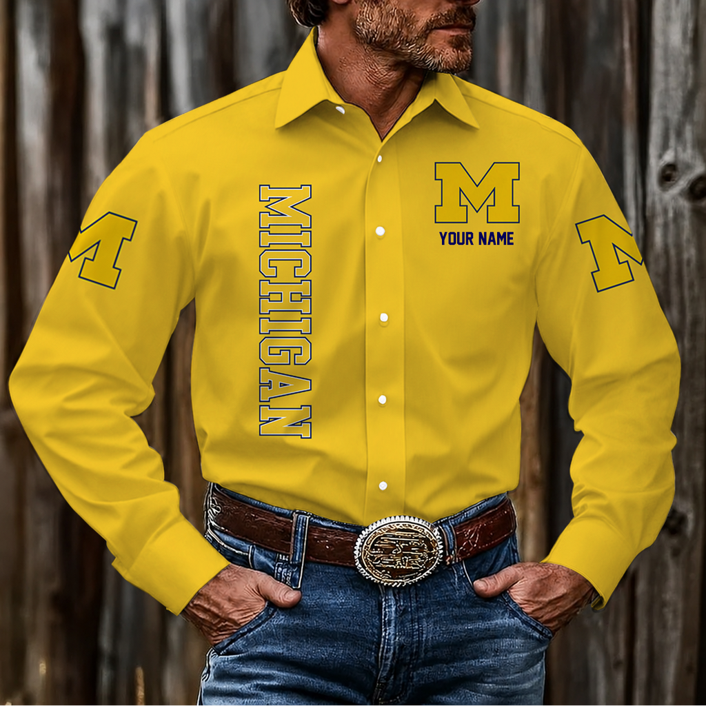 ELITE EDITION - NEW CUSTOMIZED NCAA FBS03 MIW MICHIGAN WOLVERINES MEN'S LONG SLEEVE BUTTON-UP SHIRT