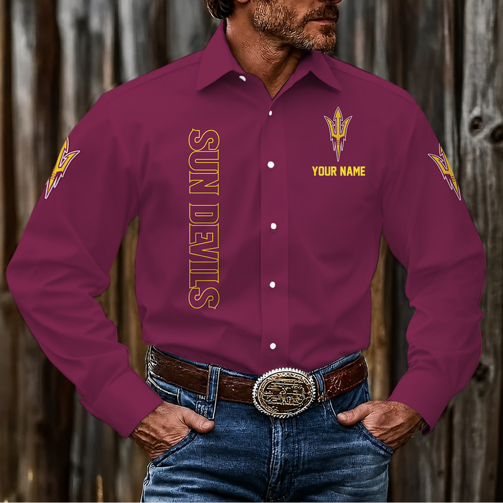 ELITE EDITION - NEW CUSTOMIZED NCAA FBS04 ASS ARIZONA STATE SUN DEVILS MEN'S LONG SLEEVE BUTTON-UP SHIRT