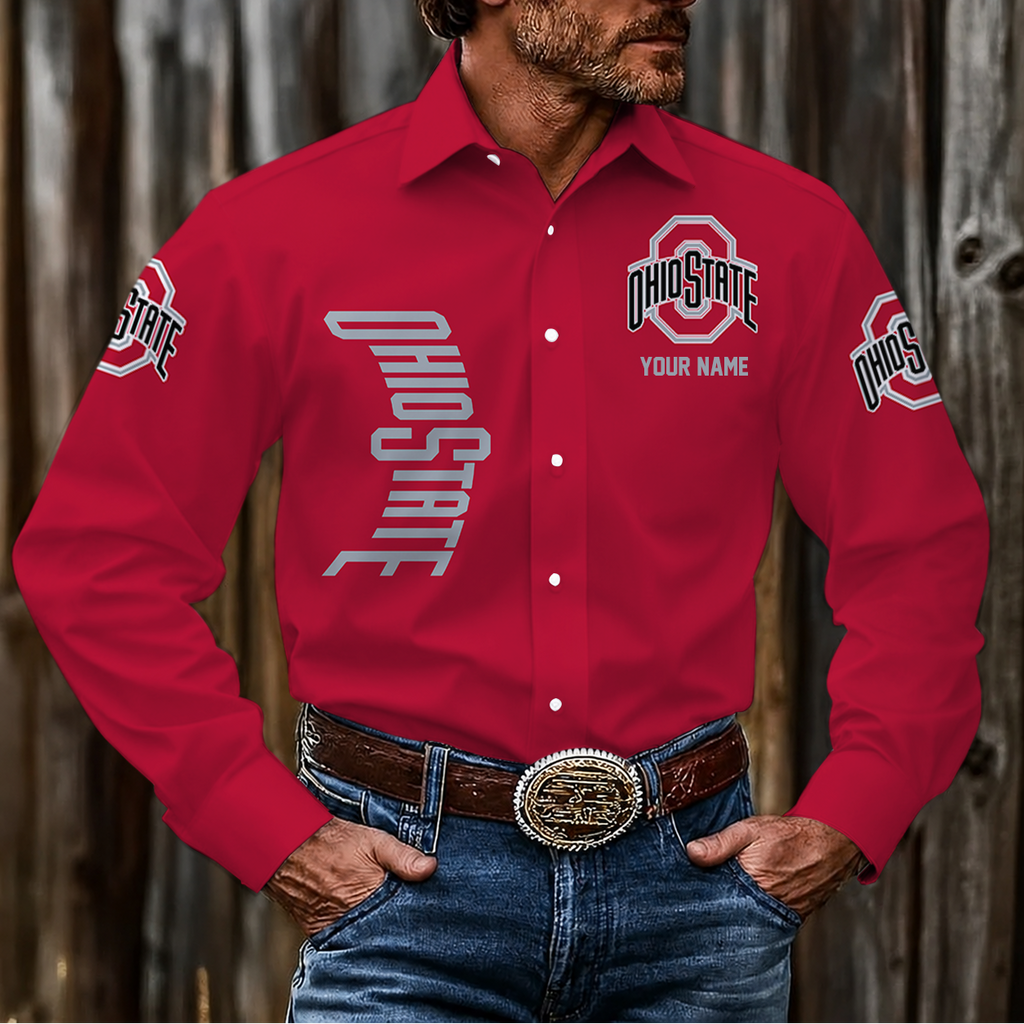 ELITE EDITION - NEW CUSTOMIZED NCAA FBS05 OSB OHIO STATE BUCKEYES MEN'S LONG SLEEVE BUTTON-UP SHIRT