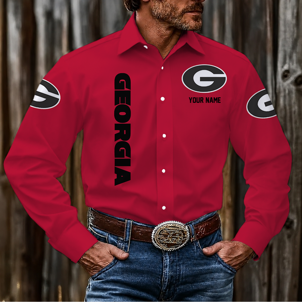 ELITE EDITION - NEW CUSTOMIZED NCAA FBS06 GEB GEORGIA BULLDOGS MEN'S LONG SLEEVE BUTTON-UP SHIRT