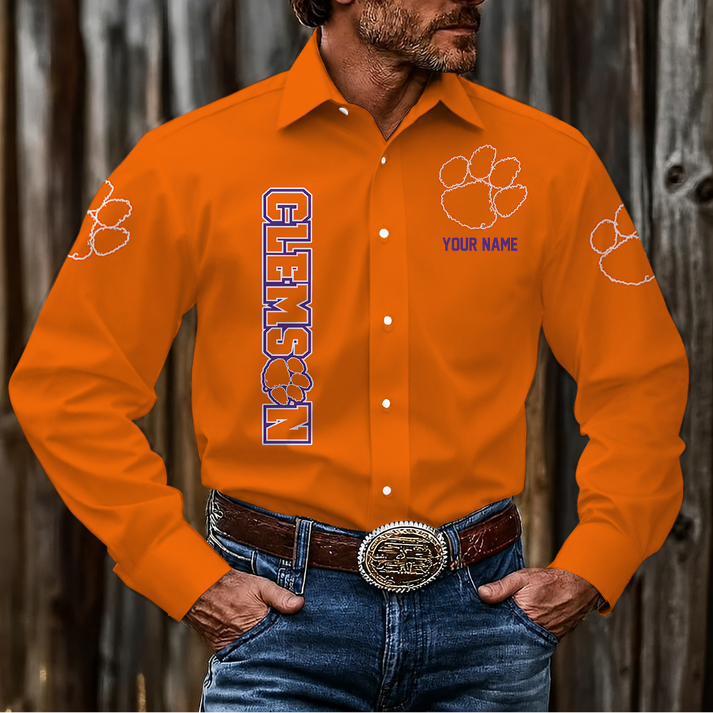 ELITE EDITION - NEW CUSTOMIZED NCAA FBS07 CST CLEMSON TIGERS MEN'S LONG SLEEVE BUTTON-UP SHIRT