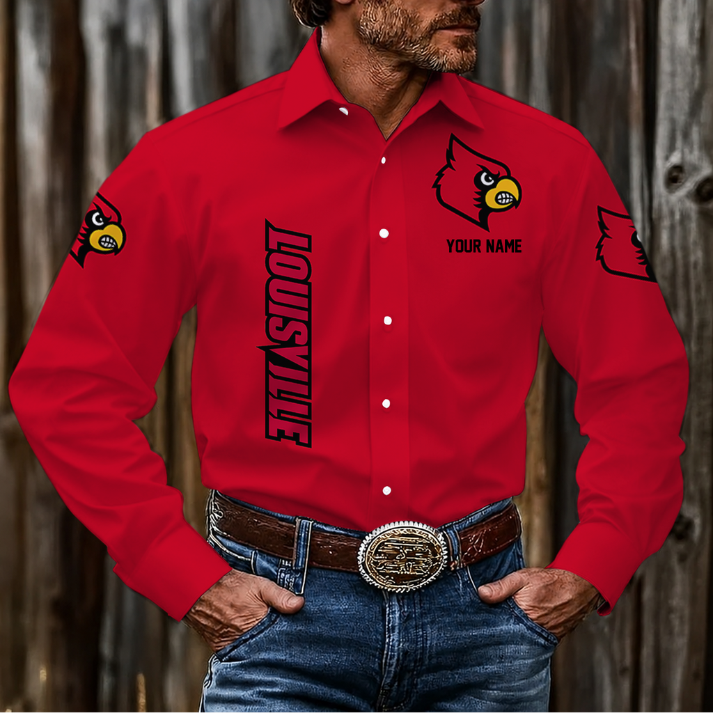 ELITE EDITION - NEW CUSTOMIZED NCAA FBS10 ULC LOUISVILLE CARDINALS MEN'S LONG SLEEVE BUTTON-UP SHIRT