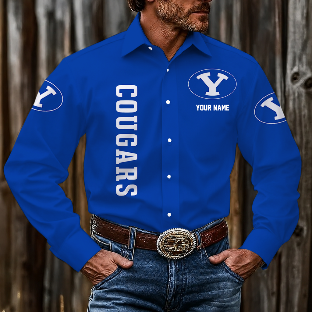 ELITE EDITION - NEW CUSTOMIZED NCAA FBS11 BYU BYU COUGARS MEN'S LONG SLEEVE BUTTON-UP SHIRT