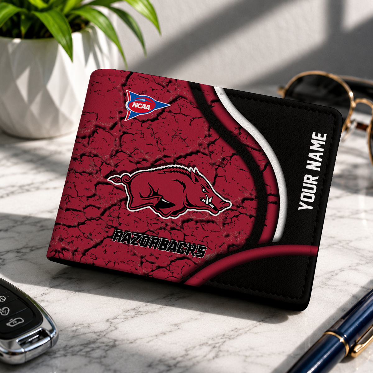 EXCLUSIVE EDITION - NEW CUSTOMIZED NCAA FBS12 AKR ARKANSAS RAZORBACKS LEATHER WALLET