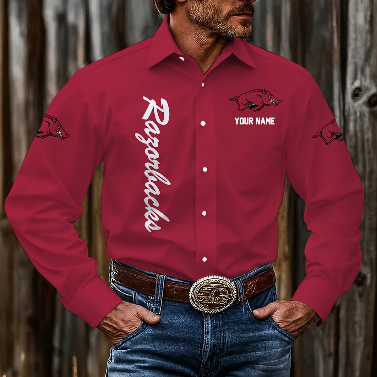 ELITE EDITION - NEW CUSTOMIZED NCAA FBS12 AKR ARKANSAS RAZORBACKS MEN'S LONG SLEEVE BUTTON-UP SHIRT