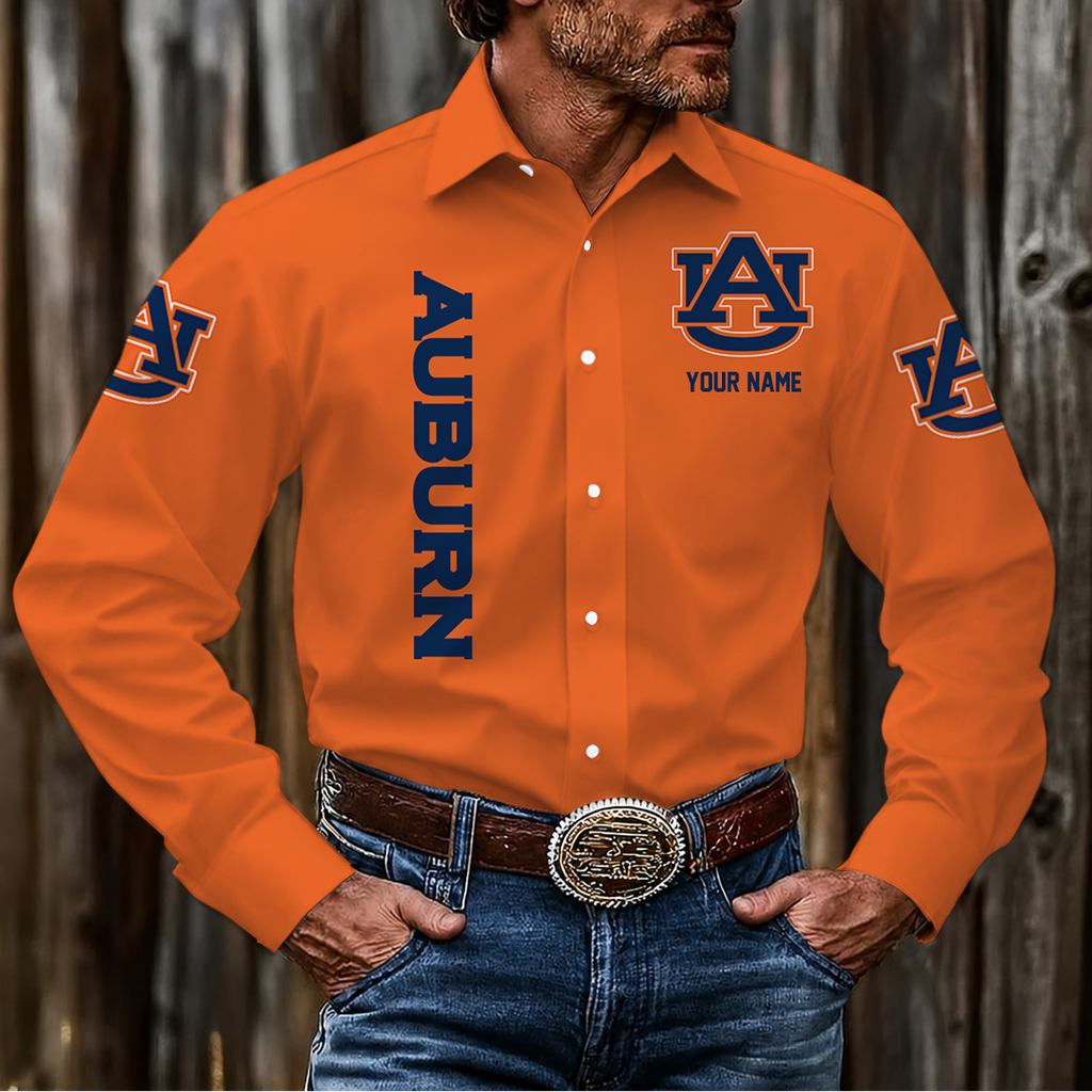 ELITE EDITION - NEW CUSTOMIZED NCAA FBS13 ABT AUBURN TIGERS MEN'S LONG SLEEVE BUTTON-UP SHIRT