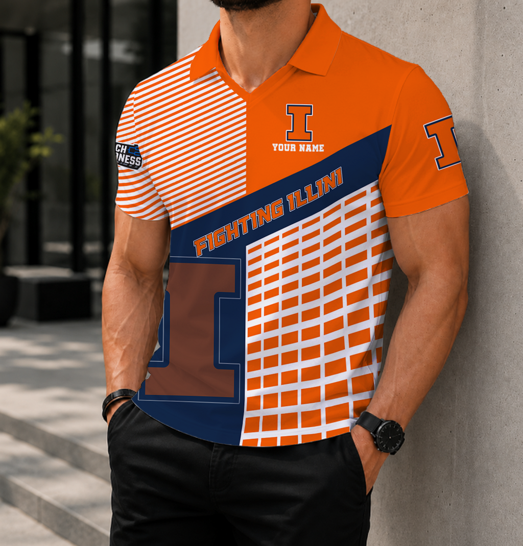EXCLUSIVE  EDITION - NEW CUSTOMIZED NCAA MAM15 IFI ILLINOIS FIGHTING ILLINI POLO SHIRT