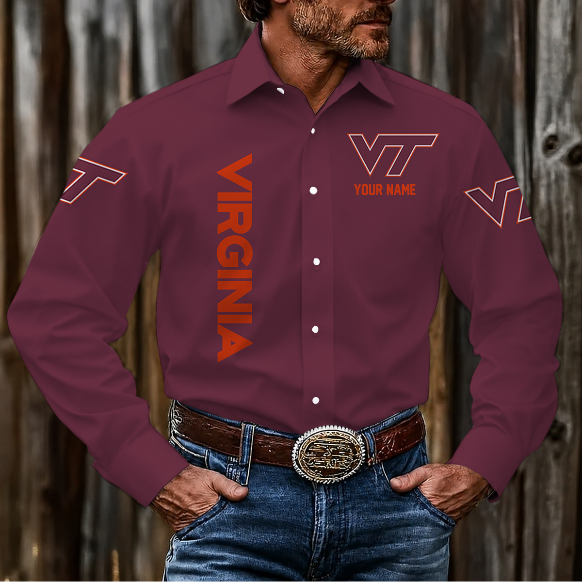 ELITE EDITION - NEW CUSTOMIZED NCAA FBS15 VTH VIRGINIA TECH HOKIES MEN'S LONG SLEEVE BUTTON-UP SHIRT