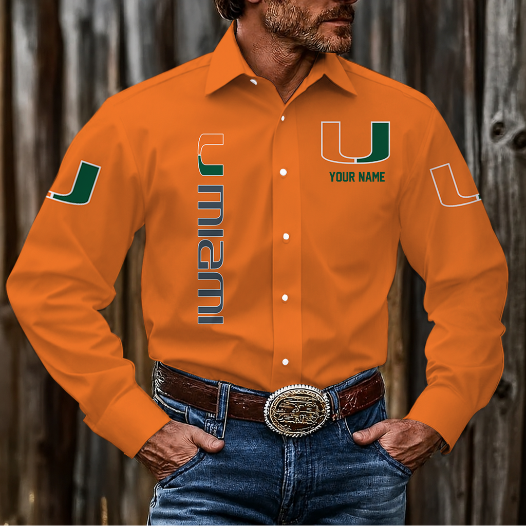 ELITE EDITION - NEW CUSTOMIZED NCAA FBS17 MIH MIAMI HURRICANES MEN'S LONG SLEEVE BUTTON-UP SHIRT