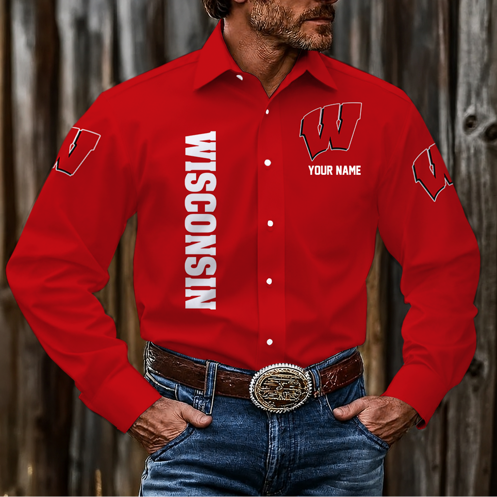 ELITE EDITION - NEW CUSTOMIZED NCAA FBS18 WSB WISCONSIN BADGERS MEN'S LONG SLEEVE BUTTON-UP SHIRT