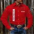 ELITE EDITION - NEW CUSTOMIZED NCAA FBS18 WSB WISCONSIN BADGERS MEN'S LONG SLEEVE BUTTON-UP SHIRT