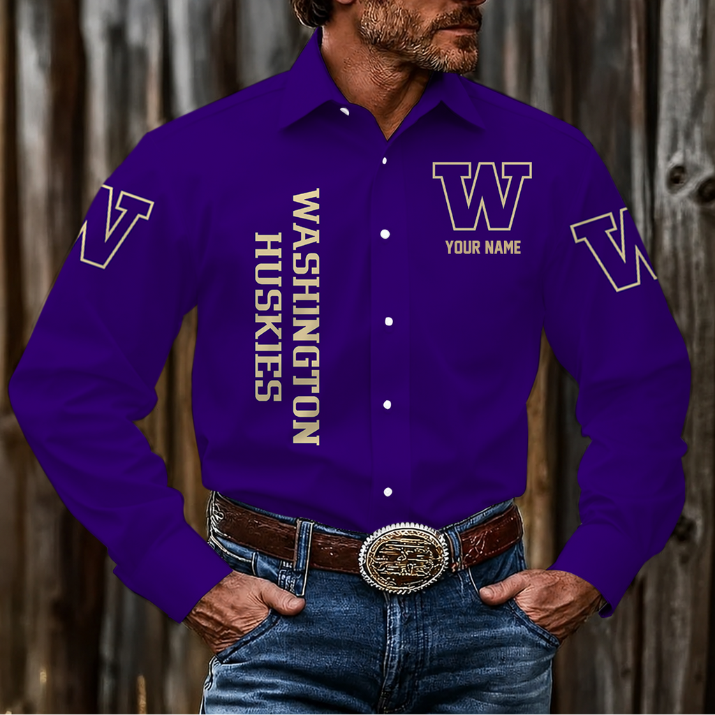 ELITE EDITION - NEW CUSTOMIZED NCAA FBS19 WSH WASHINGTON HUSKIES MEN'S LONG SLEEVE BUTTON-UP SHIRT