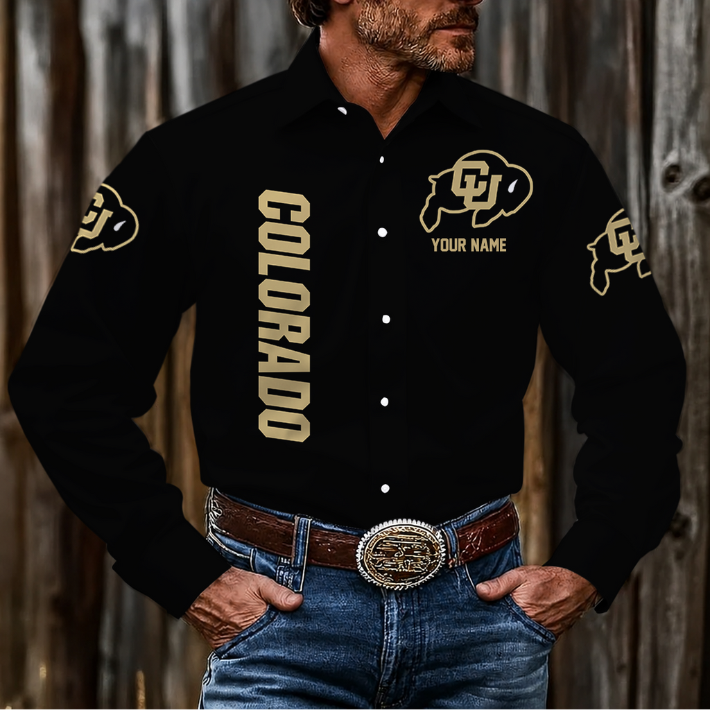 ELITE EDITION - NEW CUSTOMIZED NCAA FBS20 CRB COLORADO BUFFALOES MEN'S LONG SLEEVE BUTTON-UP SHIRT
