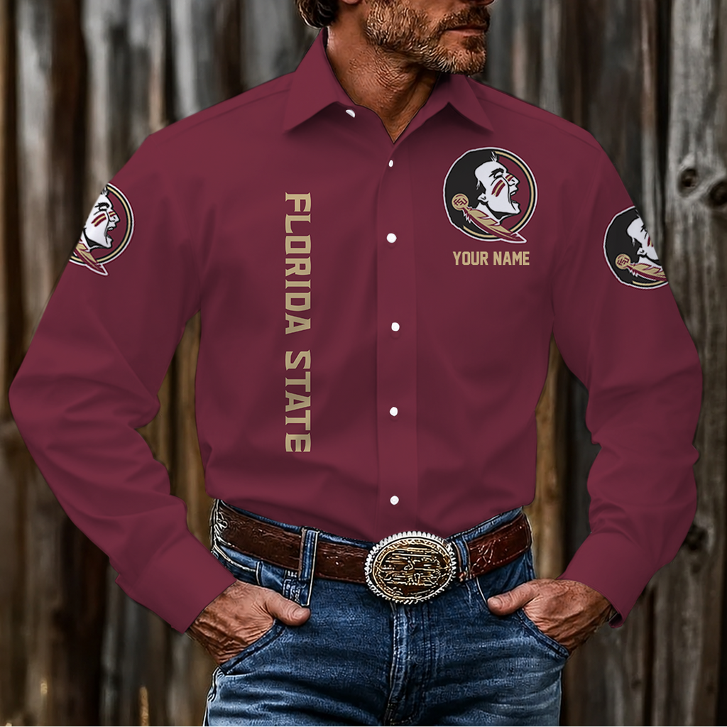 ELITE EDITION - NEW CUSTOMIZED NCAA FBS21 FLS FLORIDA STATE SEMINOLES MEN'S LONG SLEEVE BUTTON-UP SHIRT