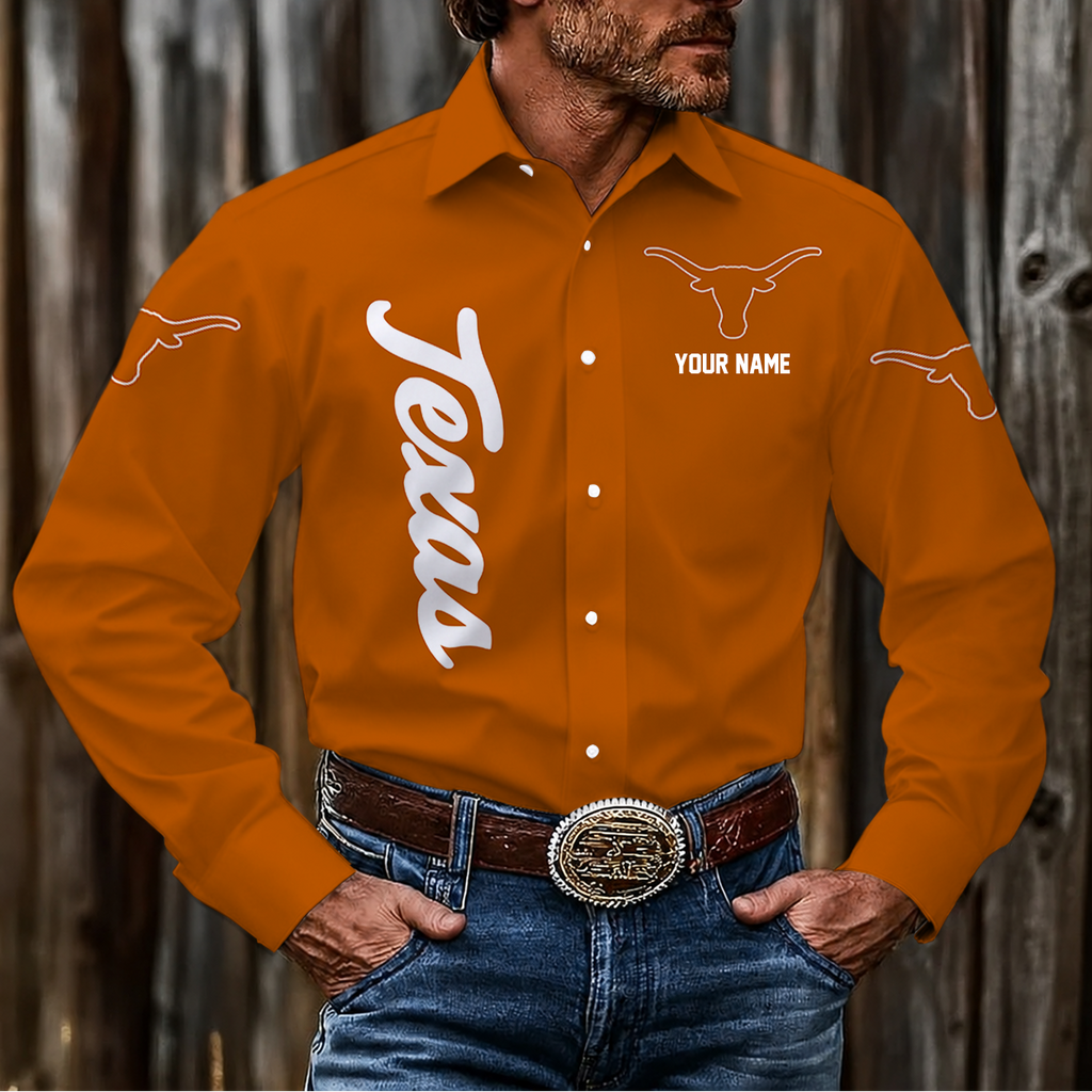ELITE EDITION - NEW CUSTOMIZED NCAA FBS22 TXL TEXAS LONGHORNS MEN'S LONG SLEEVE BUTTON-UP SHIRT
