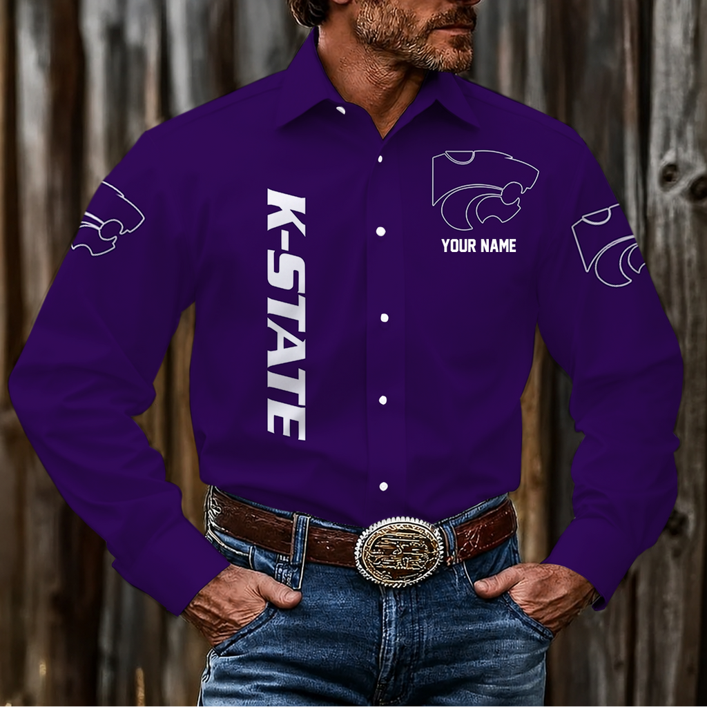 ELITE EDITION - NEW CUSTOMIZED NCAA FBS24 KSW KANSAS STATE WILDCATS MEN'S LONG SLEEVE BUTTON-UP SHIRT