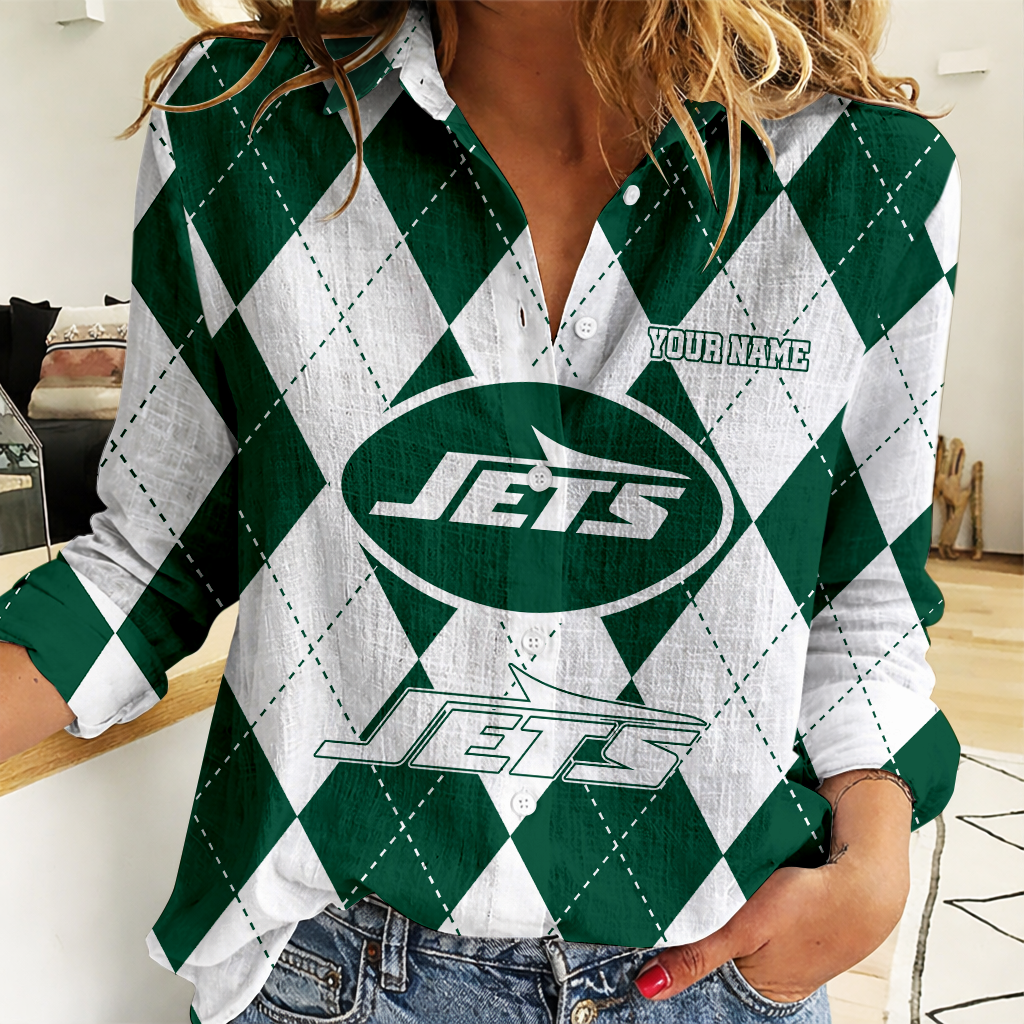 FINAL SALE - NEW CUSTOMIZED NFL25 NYJ NEW YORK JETS WOMEN CASUAL SHIRT FOR FAN
