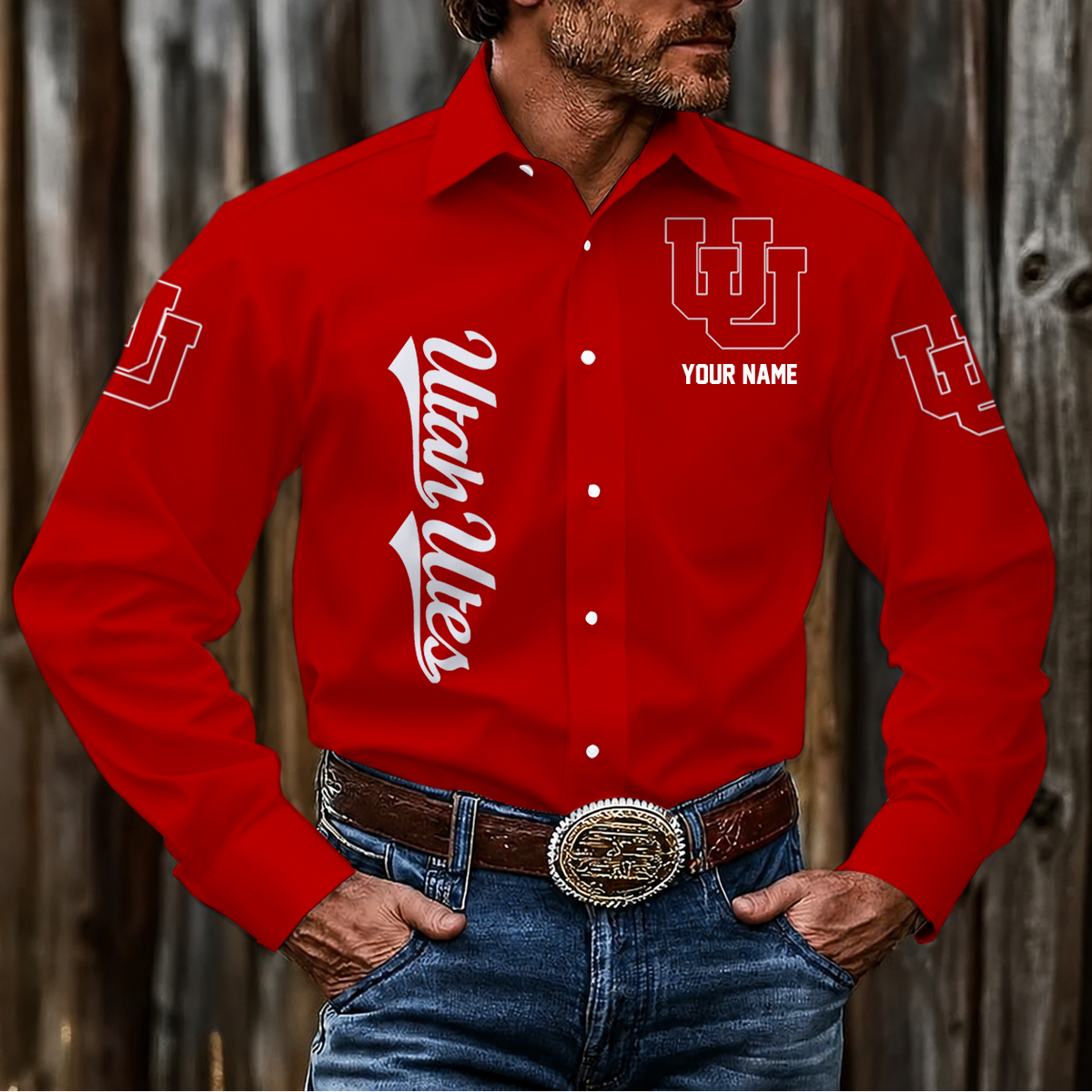 ELITE EDITION - NEW CUSTOMIZED NCAA FBS25 UTU UTAH UTES MEN'S LONG SLEEVE BUTTON-UP SHIRT