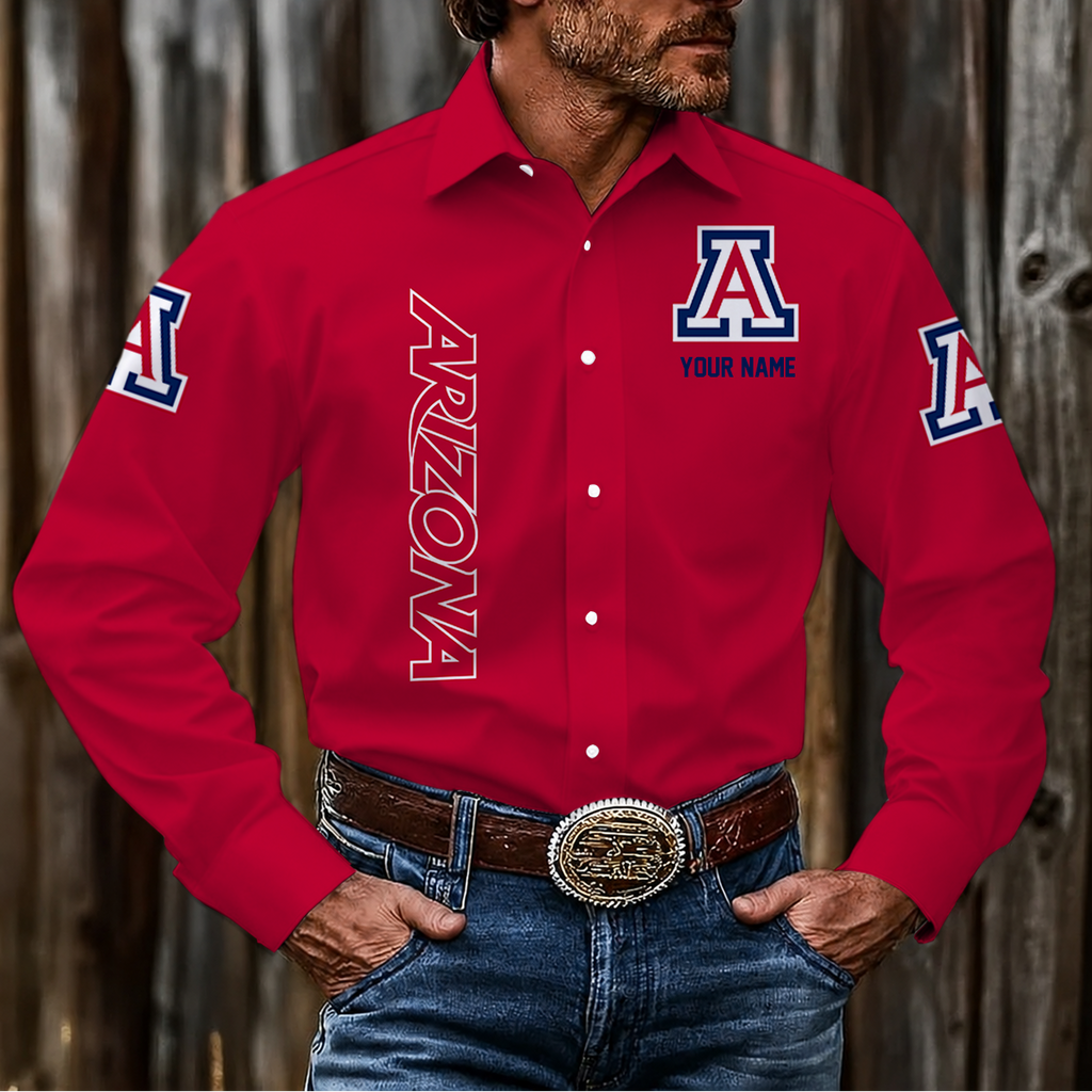 ELITE EDITION - NEW CUSTOMIZED NCAA FBS27 ARW ARIZONA WILDCATS MEN'S LONG SLEEVE BUTTON-UP SHIRT