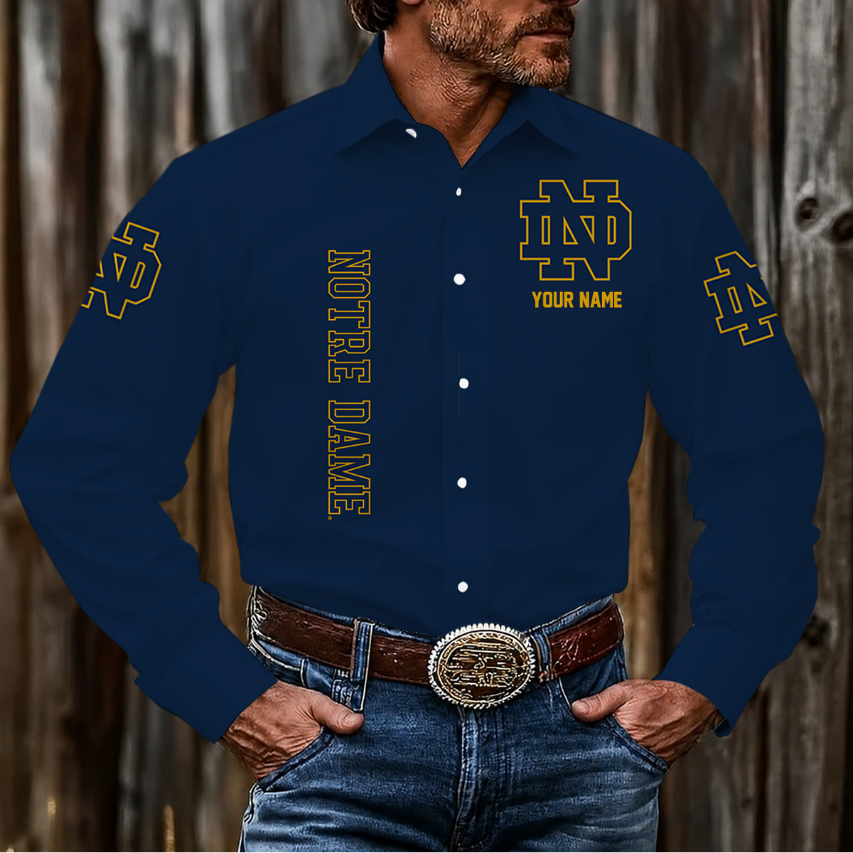 ELITE EDITION - NEW CUSTOMIZED NCAA FBS28 NFI NOTRE DAME FIGHTING IRISH MEN'S LONG SLEEVE BUTTON-UP SHIRT