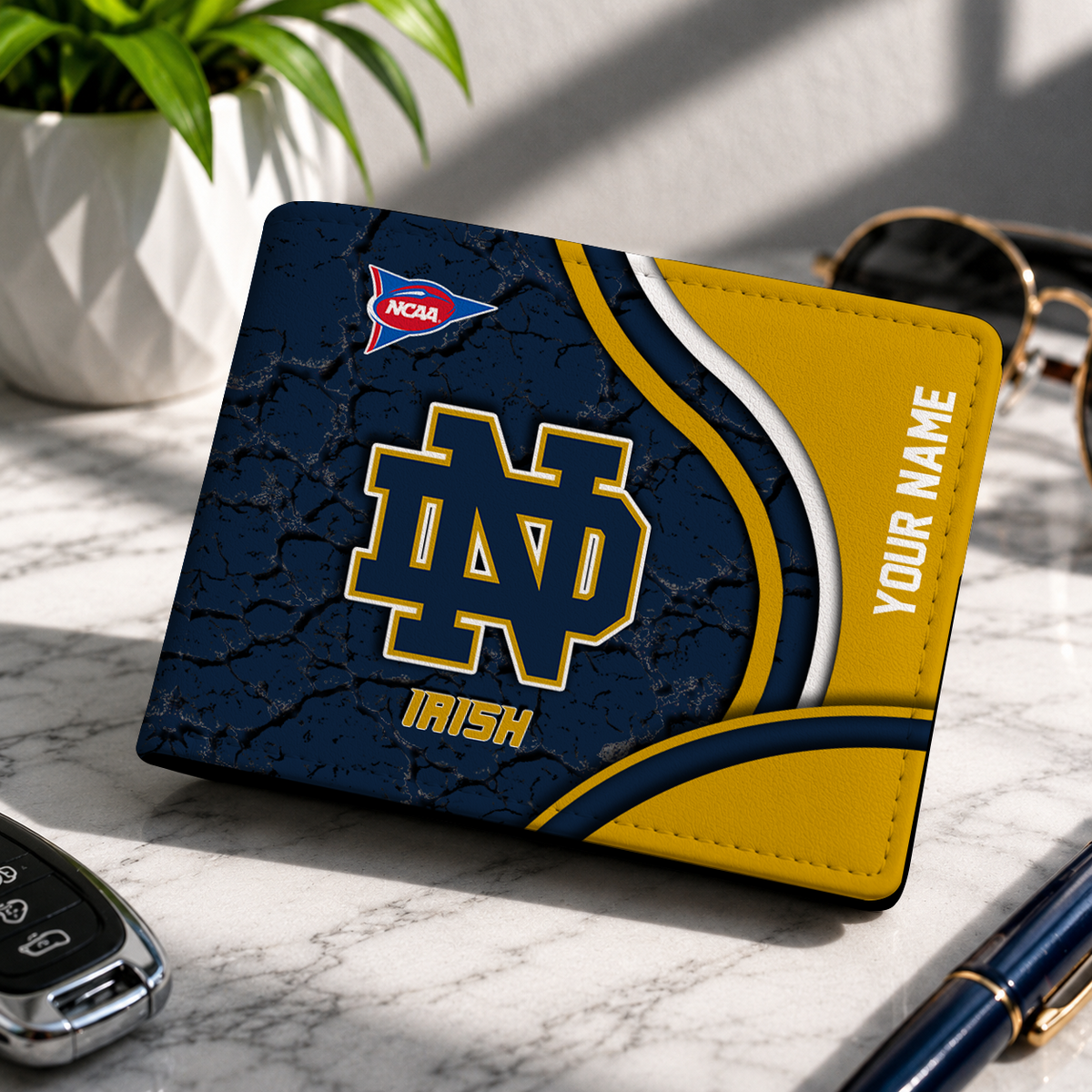 EXCLUSIVE EDITION - NEW CUSTOMIZED NCAA FBS28 NFI NOTRE DAME FIGHTING IRISH LEATHER WALLET