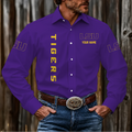 ELITE EDITION - NEW CUSTOMIZED NCAA FBS29 LST LSU TIGERS MEN'S LONG SLEEVE BUTTON-UP SHIRT