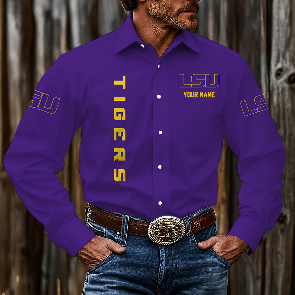 ELITE EDITION - NEW CUSTOMIZED NCAA FBS29 LST LSU TIGERS MEN'S LONG SLEEVE BUTTON-UP SHIRT