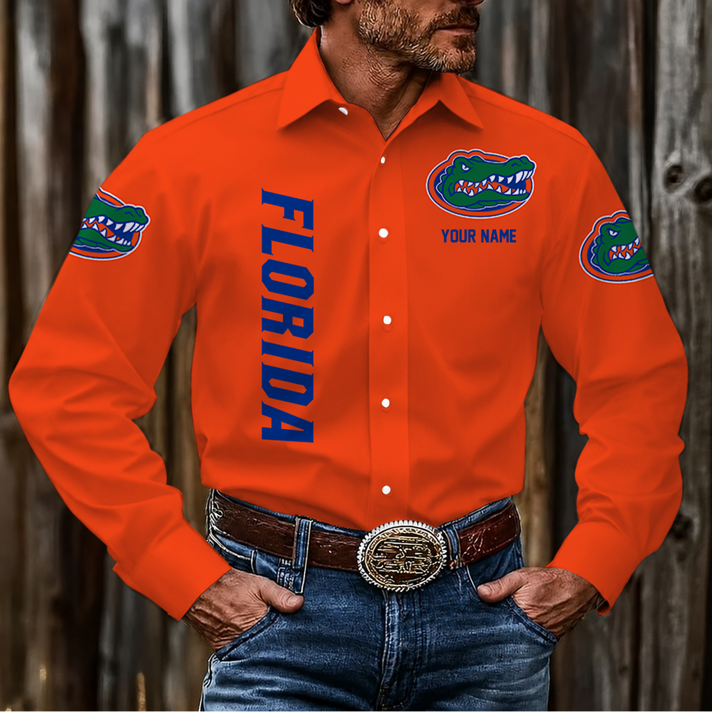 ELITE EDITION - NEW CUSTOMIZED NCAA FBS30 FLG FLORIDA GATORS MEN'S LONG SLEEVE BUTTON-UP SHIRT