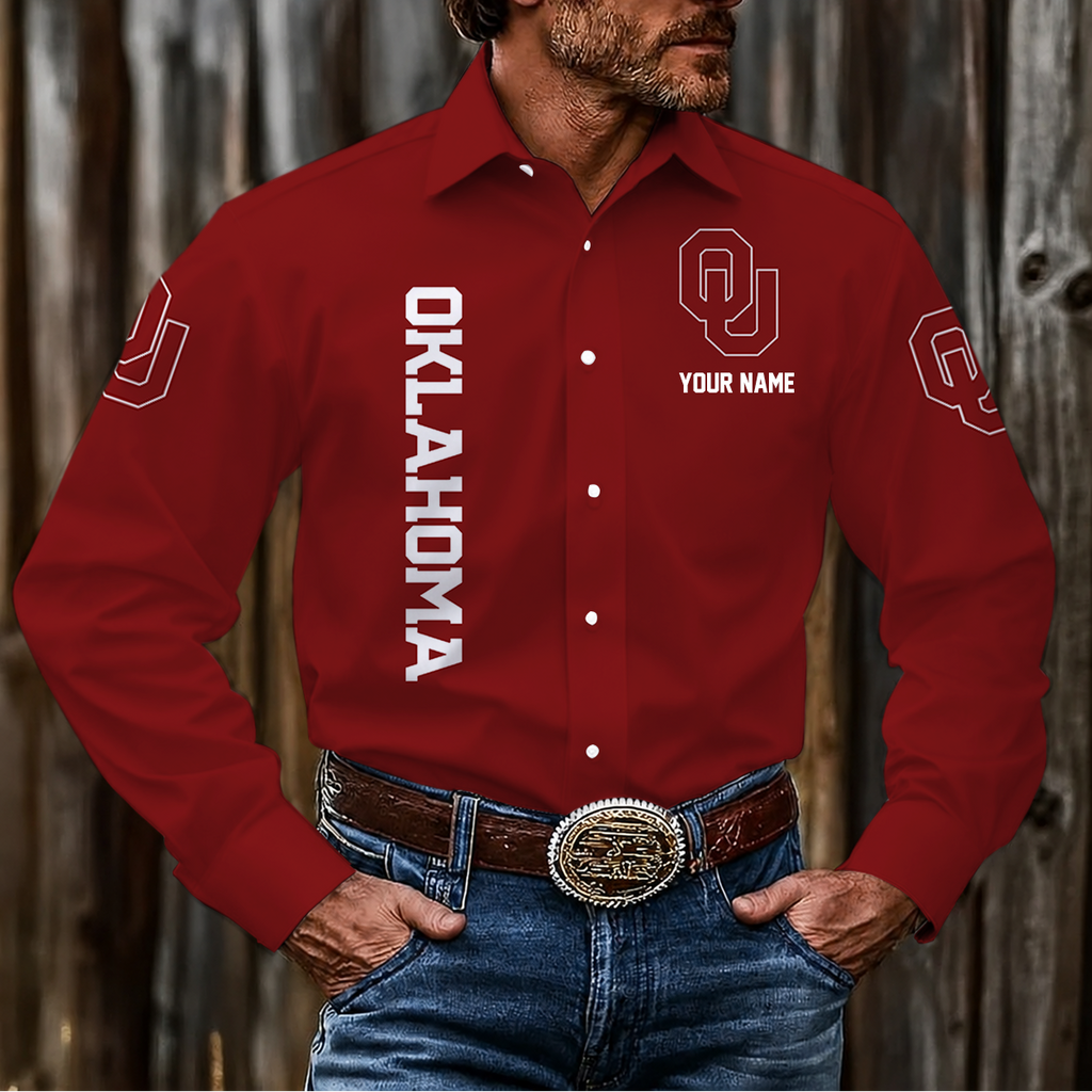 ELITE EDITION - NEW CUSTOMIZED NCAA FBS31 OUS OKLAHOMA SOONERS MEN'S LONG SLEEVE BUTTON-UP SHIRT