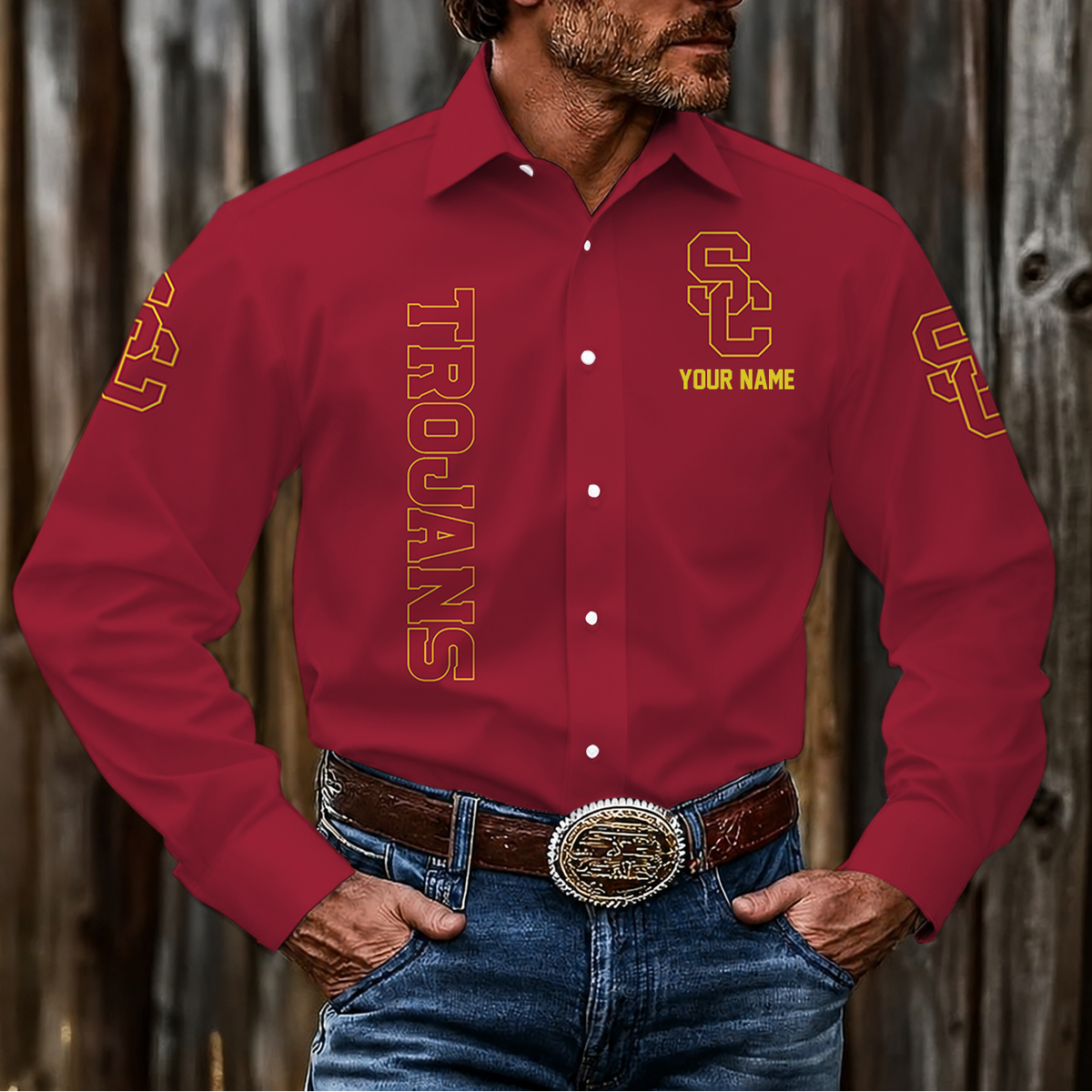 ELITE EDITION - NEW CUSTOMIZED NCAA FBS32 USC USC TROJANS MEN'S LONG SLEEVE BUTTON-UP SHIRT